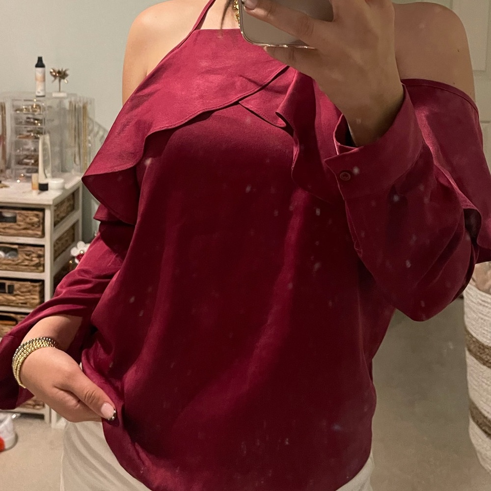 Wine 100% polyester long sleeve cut off shoulders.